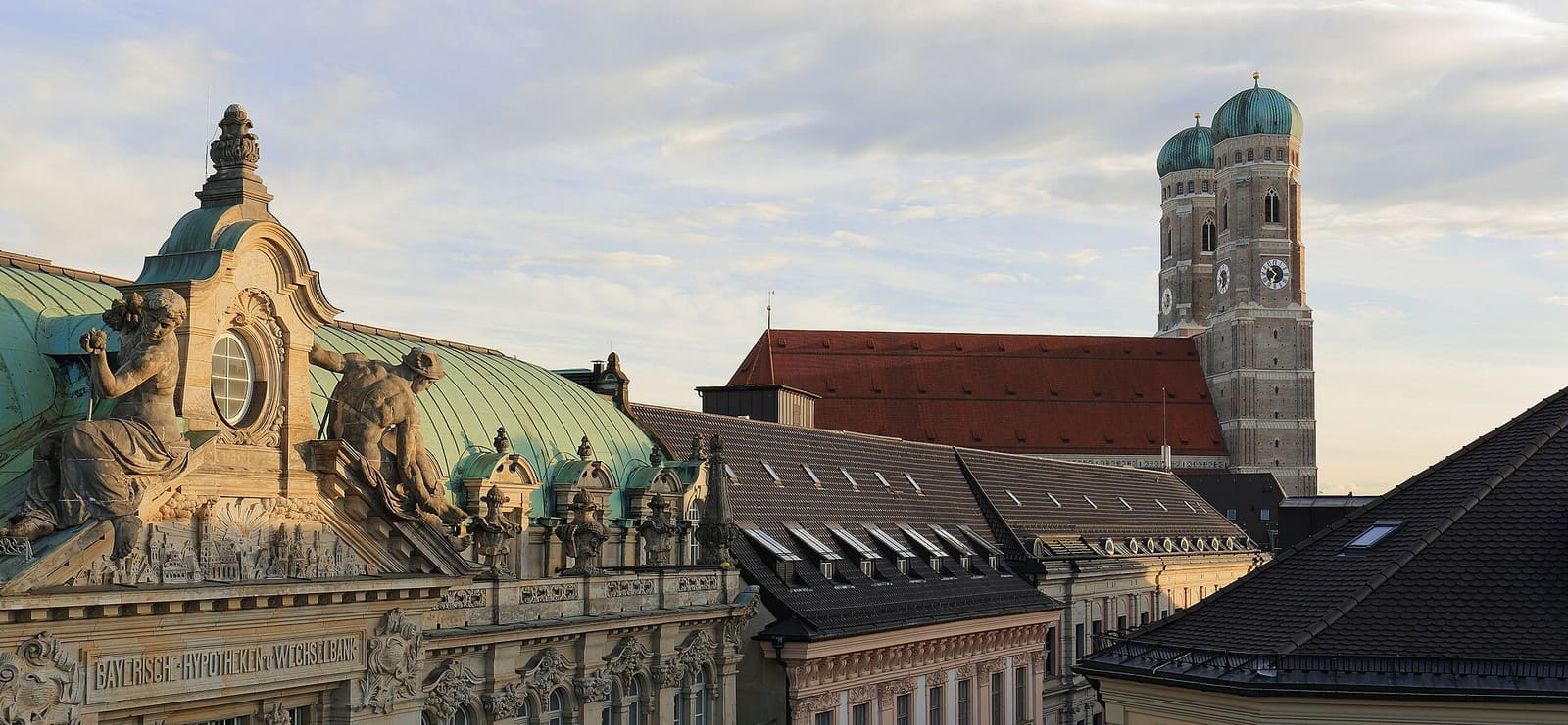 Rooftops of central Munich with the twin towers of the Frauenkirche
