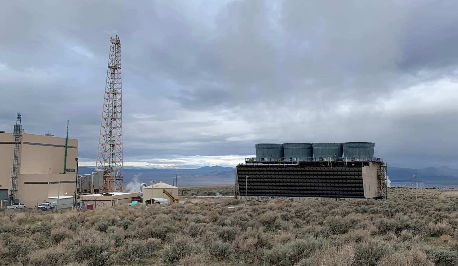 Cooling towers at a geothermal power plant in a dry Utah valley