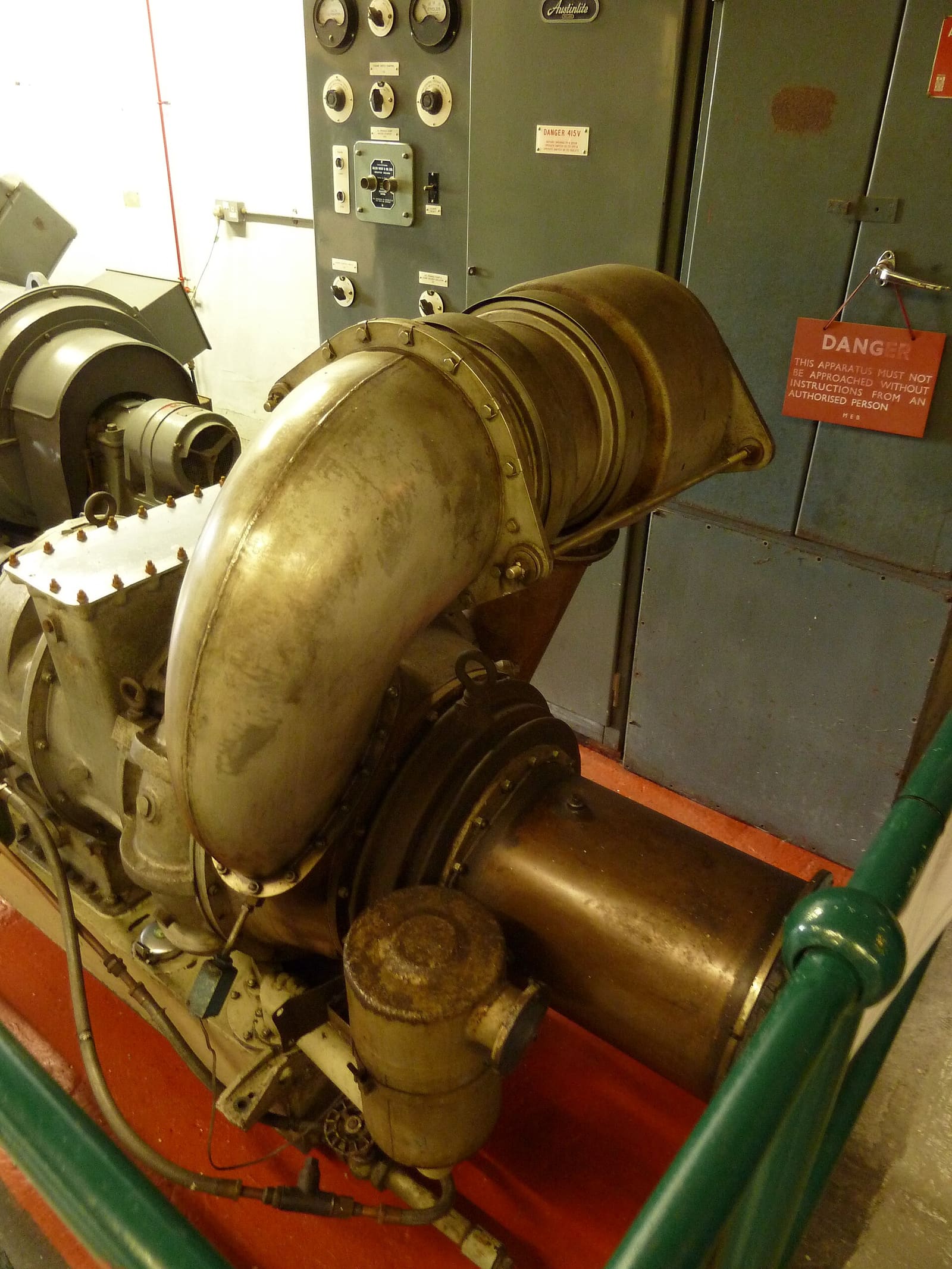 The combustor section of an industrial gas turbine on display