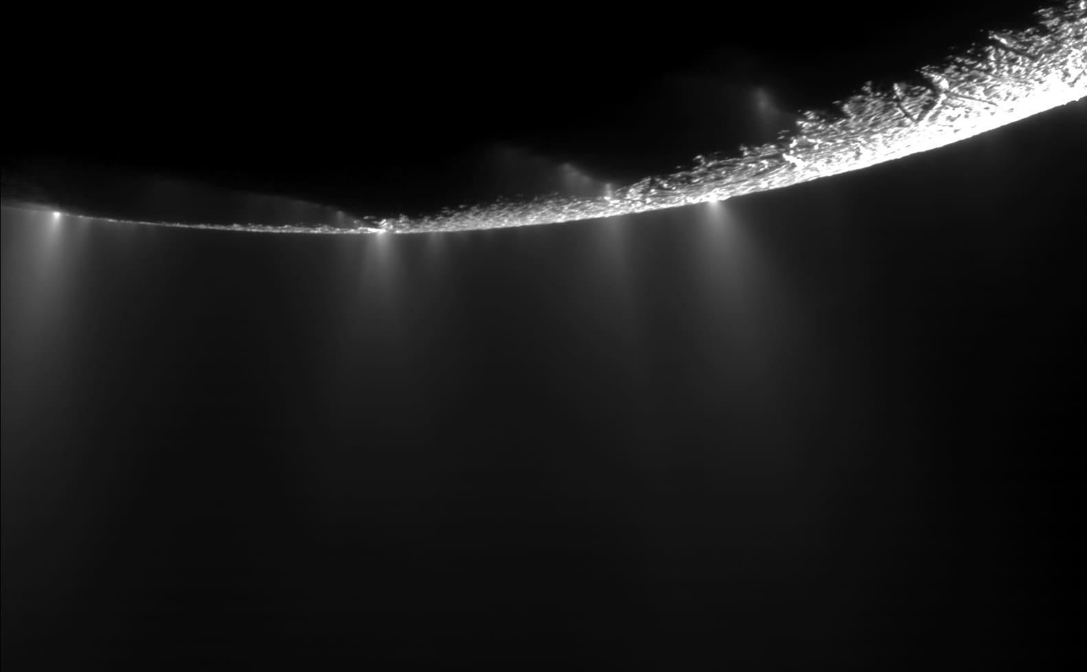 Jets of ice spraying from the south pole of Saturn's moon Enceladus, seen by Cassini