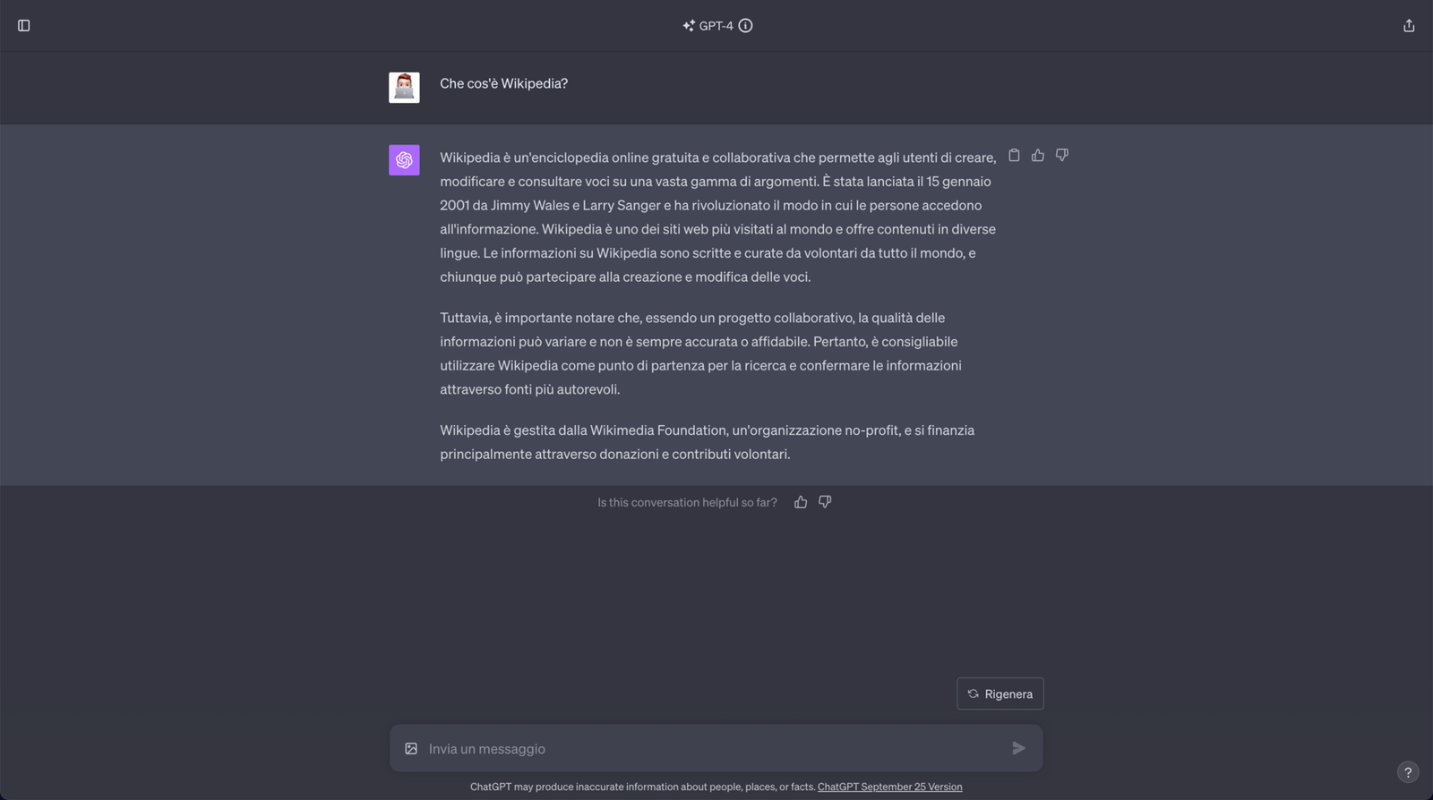 A ChatGPT chat window with a question and a long answer