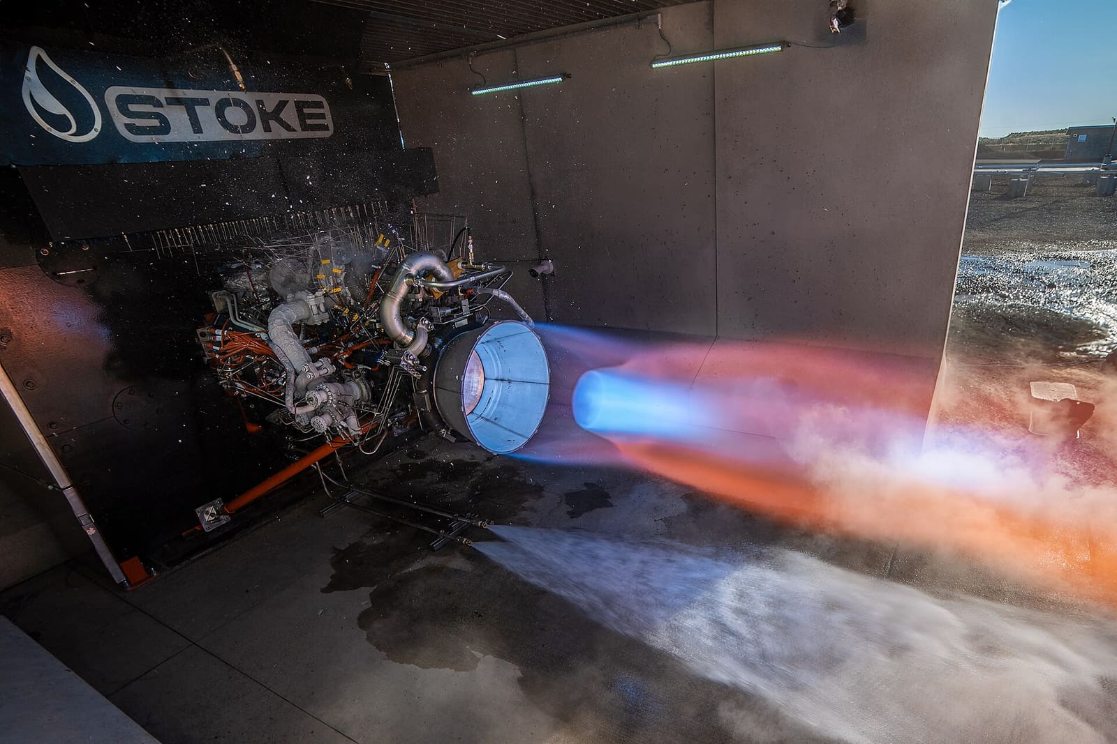 A Stoke Space rocket engine firing on a test stand