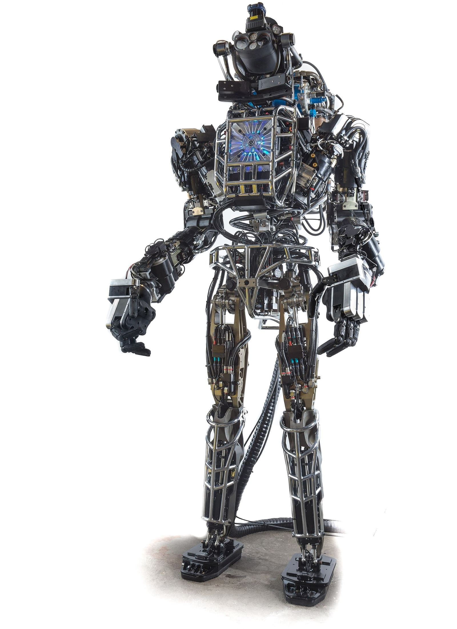 An earlier version of the Atlas humanoid robot from 2013, seen from the front