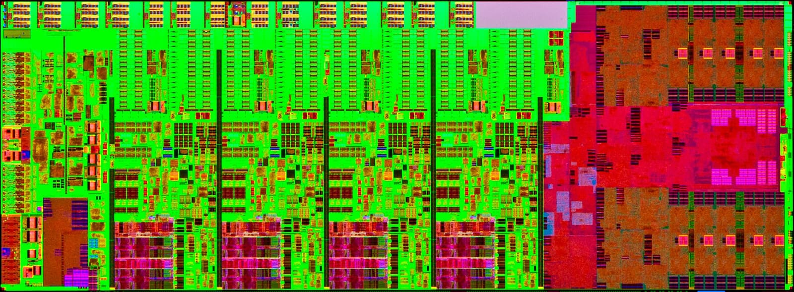 A colorized photo of an Intel Core processor die, showing its cores and cache